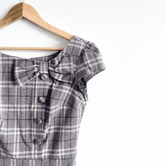 Stop Staring by Alfred Estrada Womens Midi Dress Bow Tie Plaid Gray Medium - Picture 3 of 12